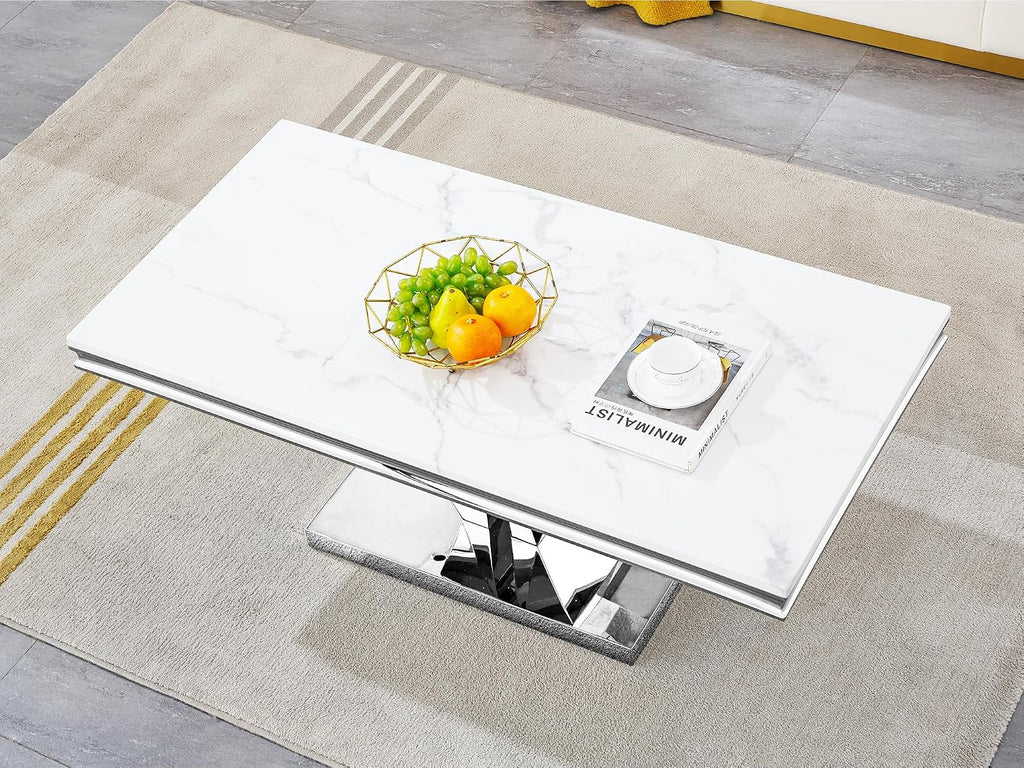 Modern Marble Coffee Table, 47' White Silver Coffee Table with Mirrored I-Shape Stainless Steel Base, Faux Marble Rectangle Living Room Center Table Cocktail Tea Table for Home Office