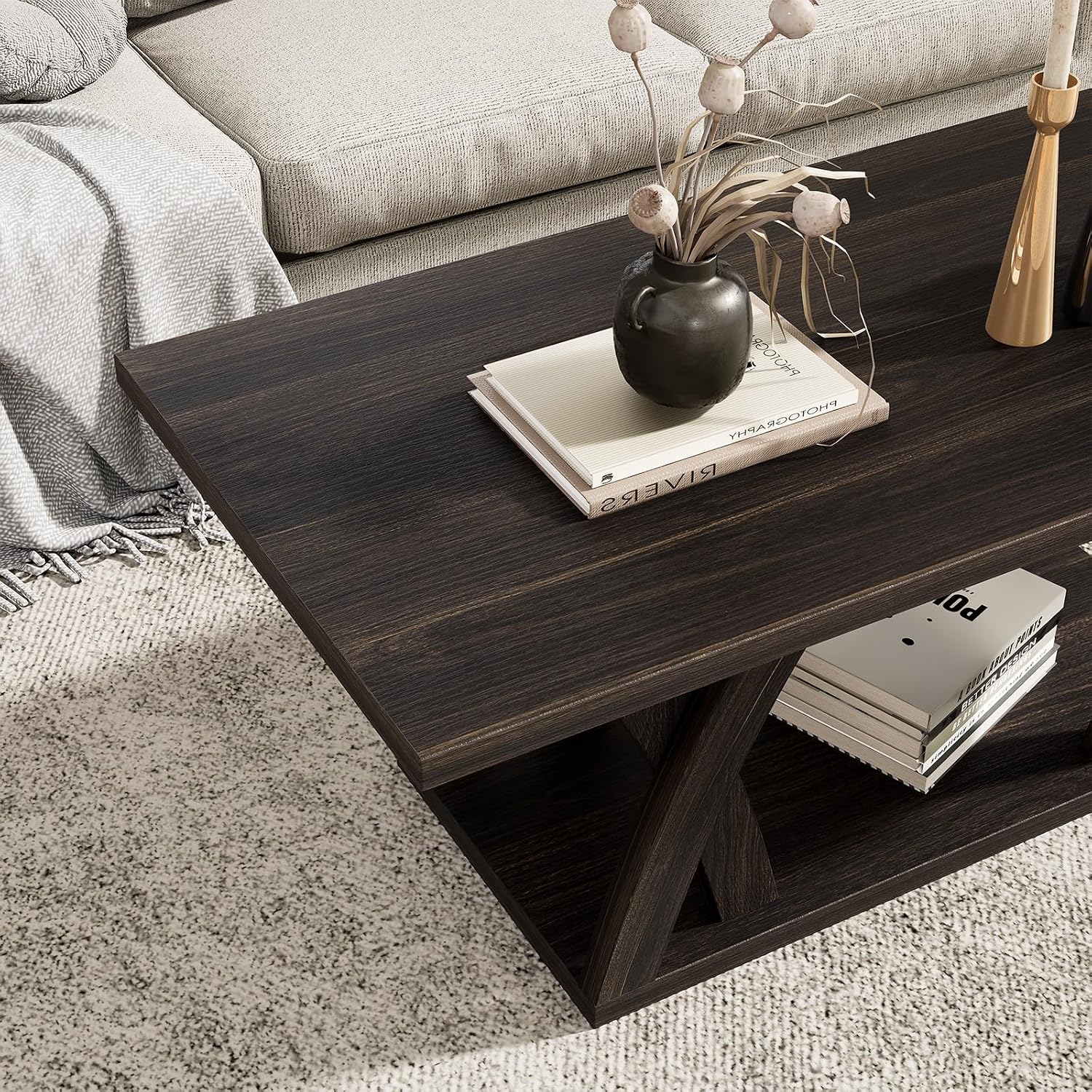 FROMJBEST Farmhouse Coffee Table with Shelf, Wood Coffee Table for Living Room, Open Display Area,47' Dark Brown