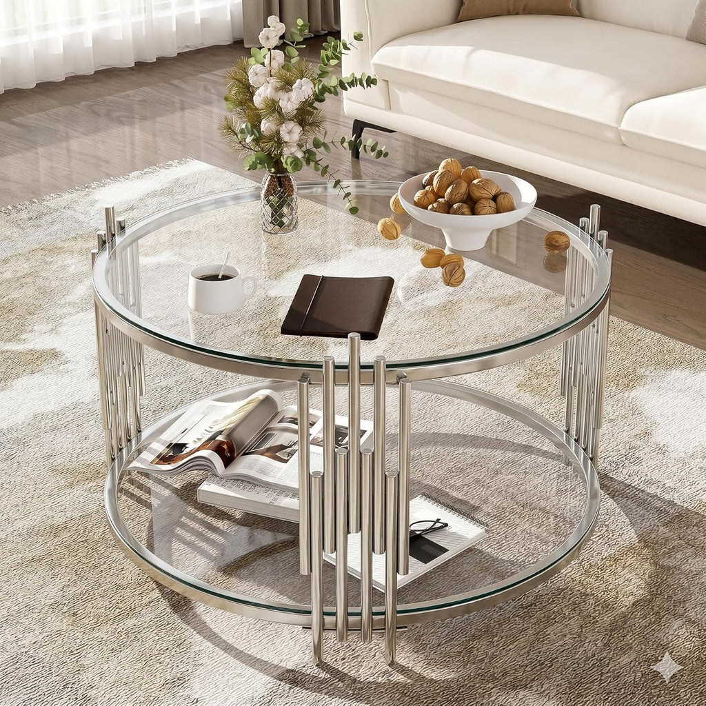 SSLine 2-Piece Round Living Room Table Set, Modern Clear Glass Coffee Table with 1 End Table, Luxury Circle 2-Tier Storage Coffee Table Set with Silver Stainless Steel Frame for Living Room