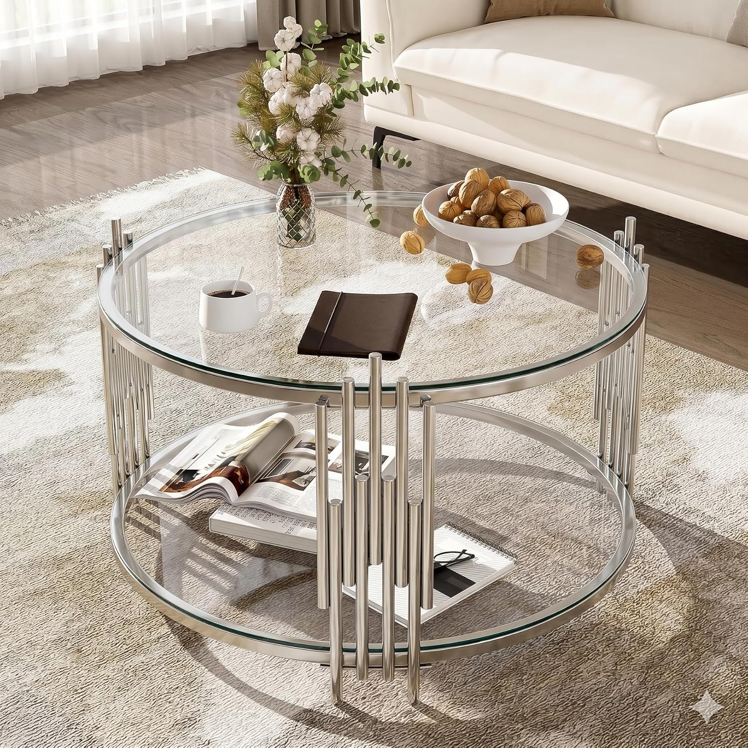 SSLine 2-Piece Round Living Room Table Set, Modern Clear Glass Coffee Table with 1 End Table, Luxury Circle 2-Tier Storage Coffee Table Set with Silver Stainless Steel Frame for Living Room