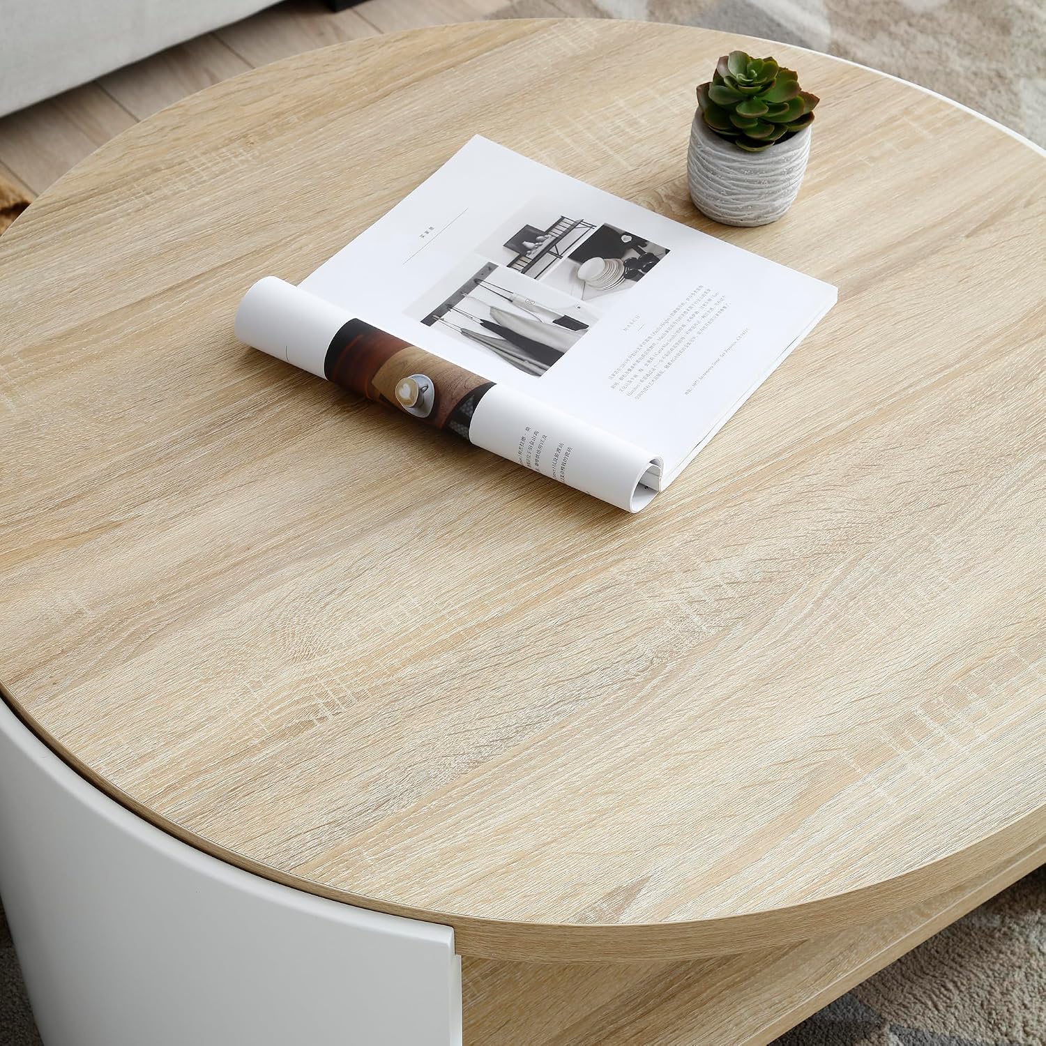 31.49'' Round Coffee Table for Living Room, Modern Wood Circle Coffee Table with 2-Tier Storage Desktop Contemporary Unique Drum Tea Table for Apartment, Small Space, Easy Assembly, Natural White