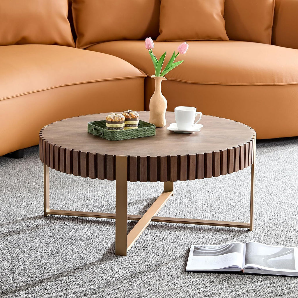 31.49'' Walnut Round Coffee Table, Modern Wood Circle Fluted Coffee Table for Living Room, Rose Gold Legs, Easy Assembly, Walnut