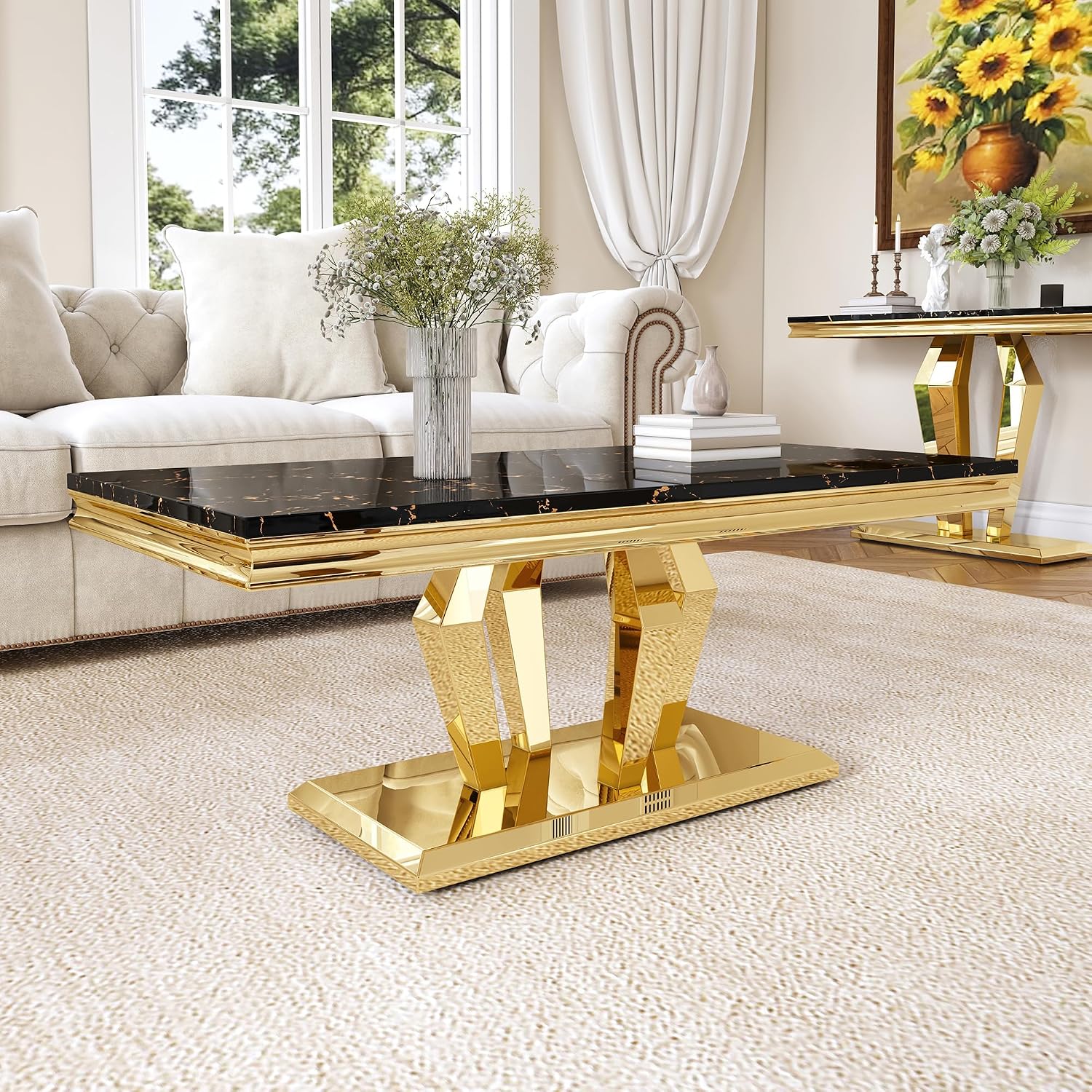 Modern Marble Coffee Table, 47' Living Room Table with Diamond-Shape Stainless Steel Base and Thickened Faux Marble Top for Living Room, Bedroom, Lounge (Gold,Black)