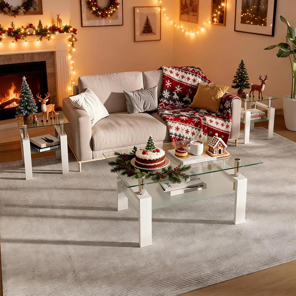 Living Room Table Set of 3, Coffee Table and Side Tables with Clear Glass & White Metal Frame, 3 Piece Center Table for Living Room Bedroom Apartment Small Space