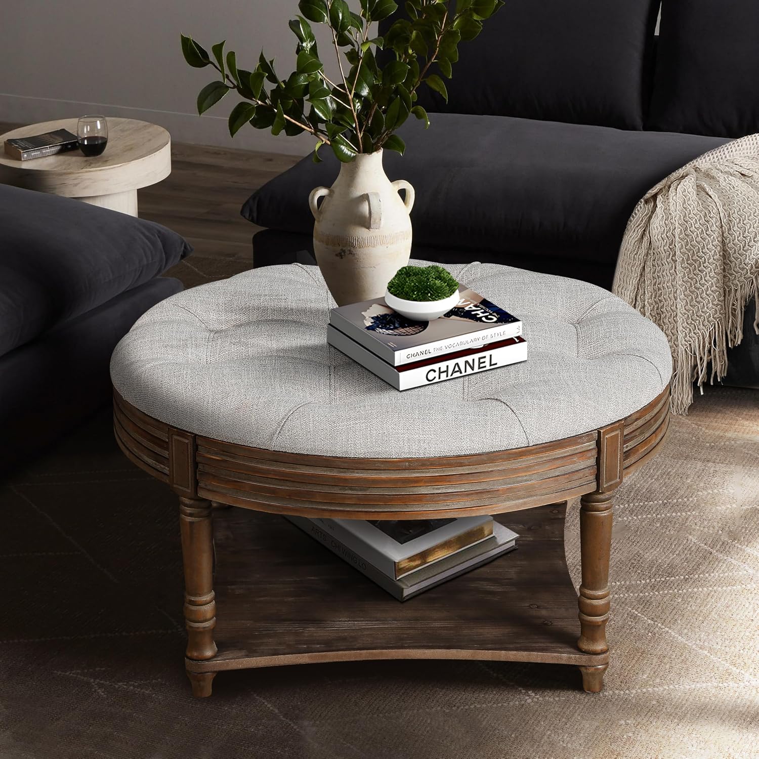31.49'' Round Coffee Table with Storage Space, 2-Tier Modern Wood Circle Coffee Table for Living Room, Moveable Table Top & Easy Assembly & Waterproof Upholstered Linen, Light Gray & Wood