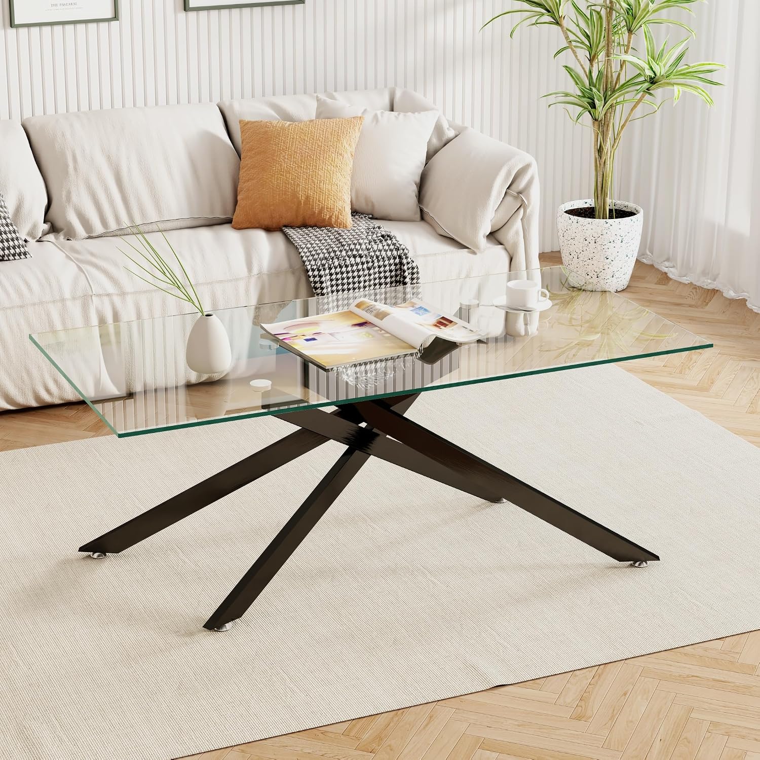 Glass Coffee Table Set of 3 Piece, Living Room Tables Set of 3 Pcs, Including 1 Coffee Table and 2 End Side Tables, Metal Frame, Tempered Glass, for Small Space, Apartment (Black, W39.37' + W17.72')
