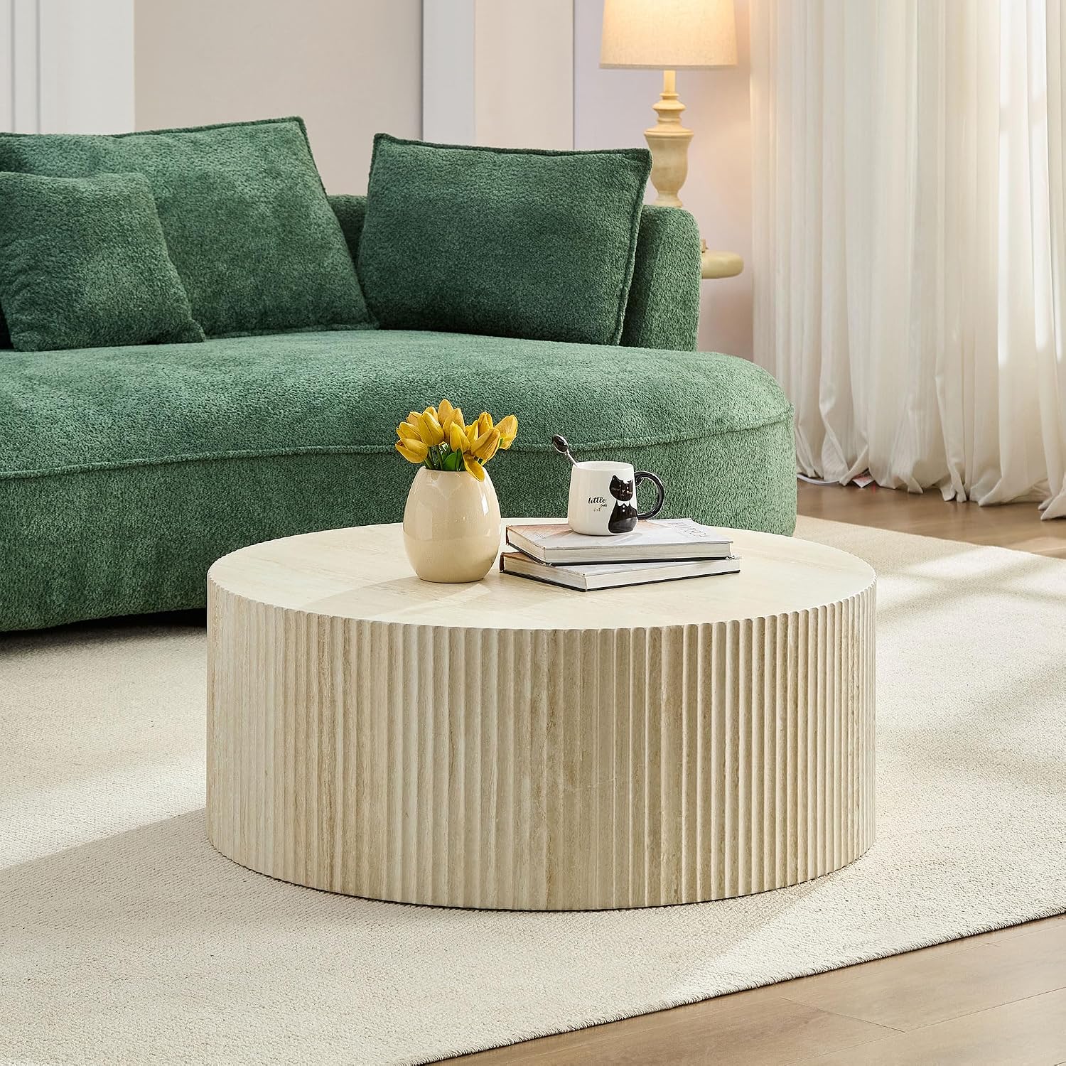 Faux Travertine Round Coffee Table, 35' Modern Relief Design Coffee Table Center Table for Living Room, Travertine, No Assembly Needed