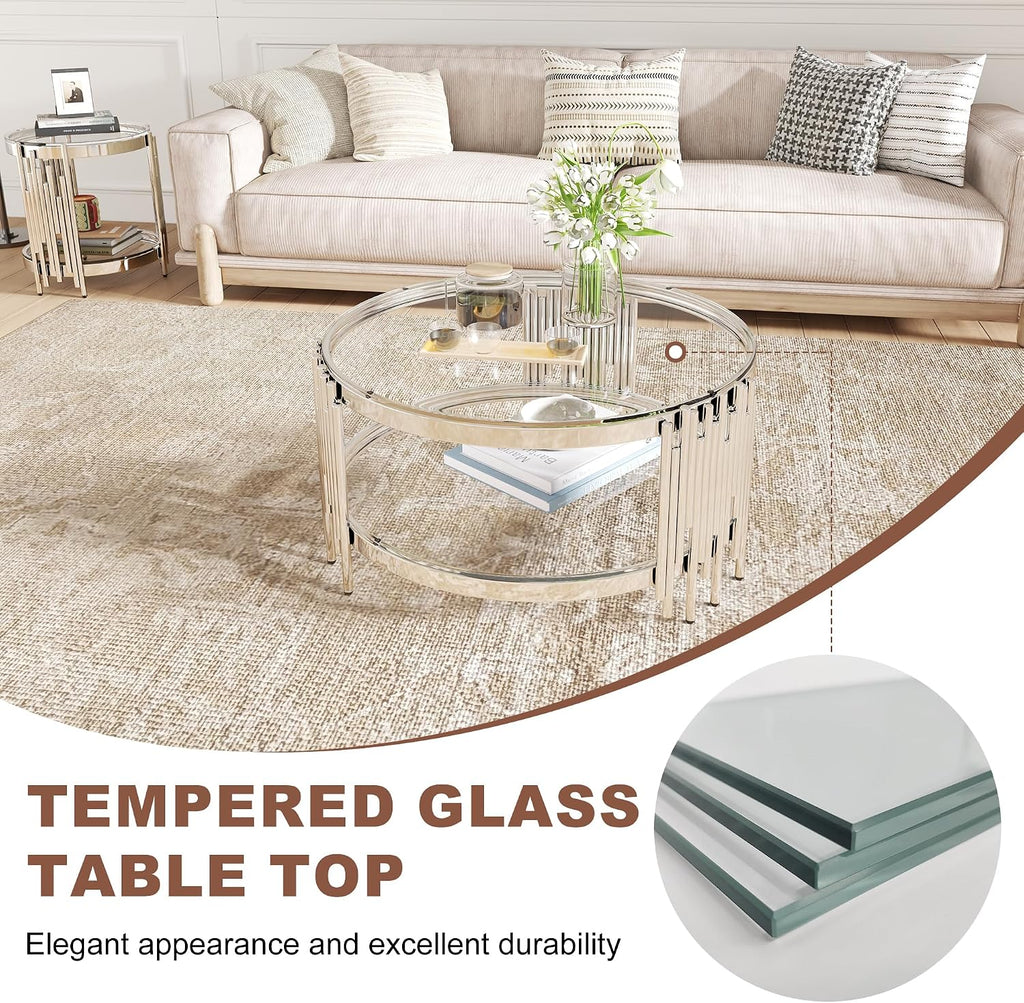 3 Piece Living Room Set, 1 Glass Coffee Table and 2 End Tables with 2 Tier Storage, Tempered Glass Top and Stainless Steel Frame, for Apartment, Living Room, Silver/Clear