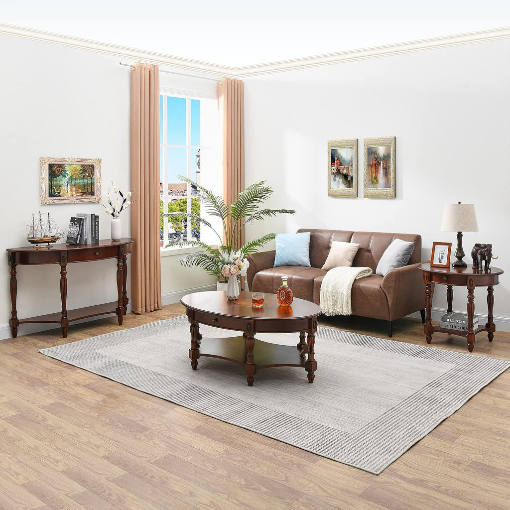 Solid Wood Coffee Table with Drawer and Storage Shelf, Traditional Living Room Cocktail Tea, Oval Center Carvings Side Vintage 46''Lx 29''Wx18.2''H Cherry Walnut KFZ1533WD-DR