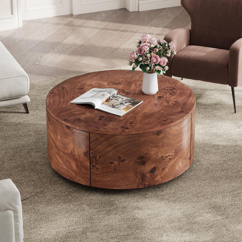 Flieks Burl Wood Rotating Coffee Table with 2 Drawers, 360° Rotating Top, Walnut, 28.4'