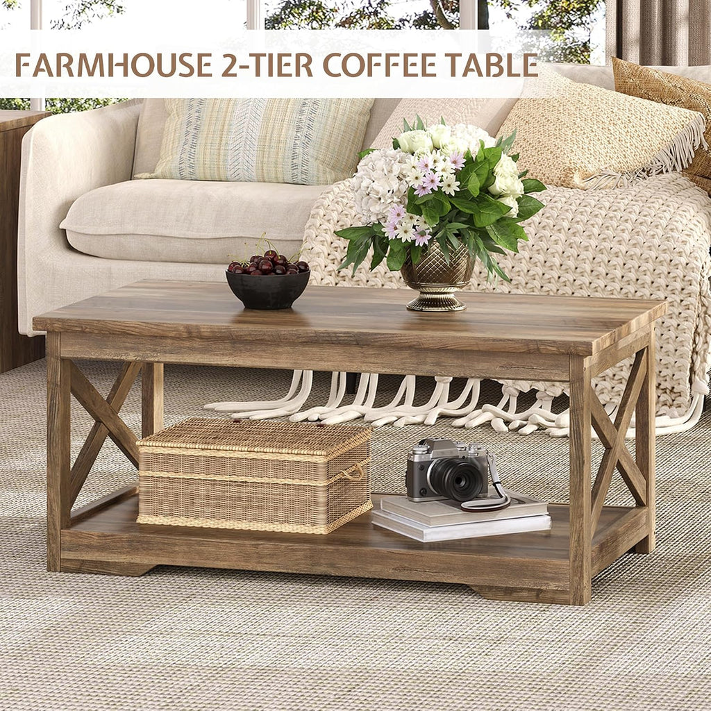 LUXOAK 3-Piece Farmhouse Living Room Table Sets, Includes 1 x Coffee Table, 2 x End Tables with Charging Station & USB Ports, Rustic Coffee Table Set of 3, Barnwood