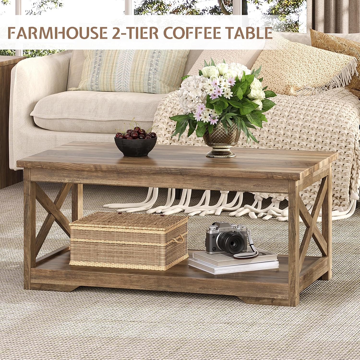 LUXOAK 3-Piece Farmhouse Living Room Table Sets, Includes 1 x Coffee Table, 2 x End Tables with Charging Station & USB Ports, Rustic Coffee Table Set of 3, Barnwood