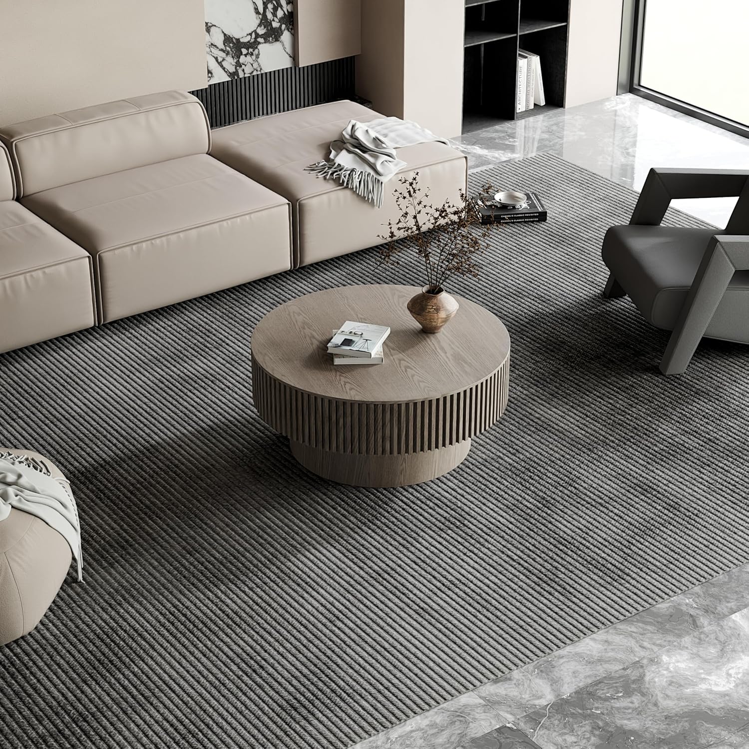 31.5' Round Coffee Table with Hidden Storage Compartment, Modern Handcraft Fluted Drum Coffee Table, Wooden Circle Center Table Cocktail Tea Table with Sturdy Pedestal for Living Room, Grey