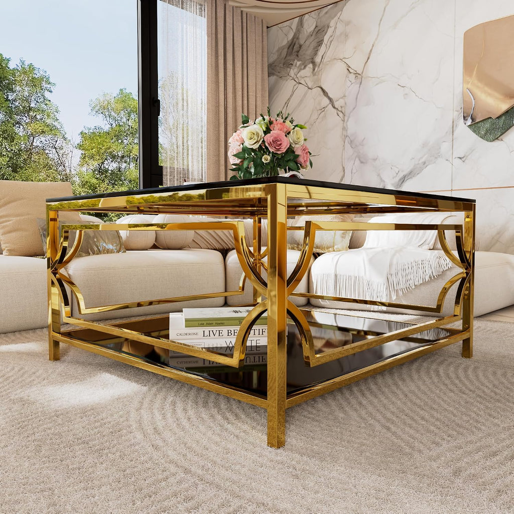 33.5' Square Black Glass Coffee Table with Storage, Modern 2-Tier Tempered Glass Accent Coffee Table with Metal Frame for Living Room, Minimalist Gold Cocktail Center Table for Office, Apartment