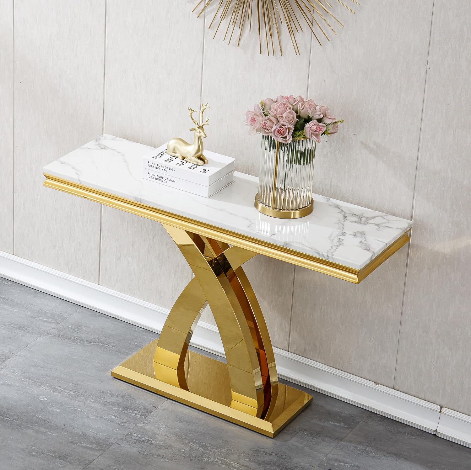 Modern White Gold Console Table, 47' Faux Marble Entryway Table Narrow Long Sofa Table, Luxury Accent Table Rectangle Behind Sofa Entrance Table Foyer Hallway Table for Living Room