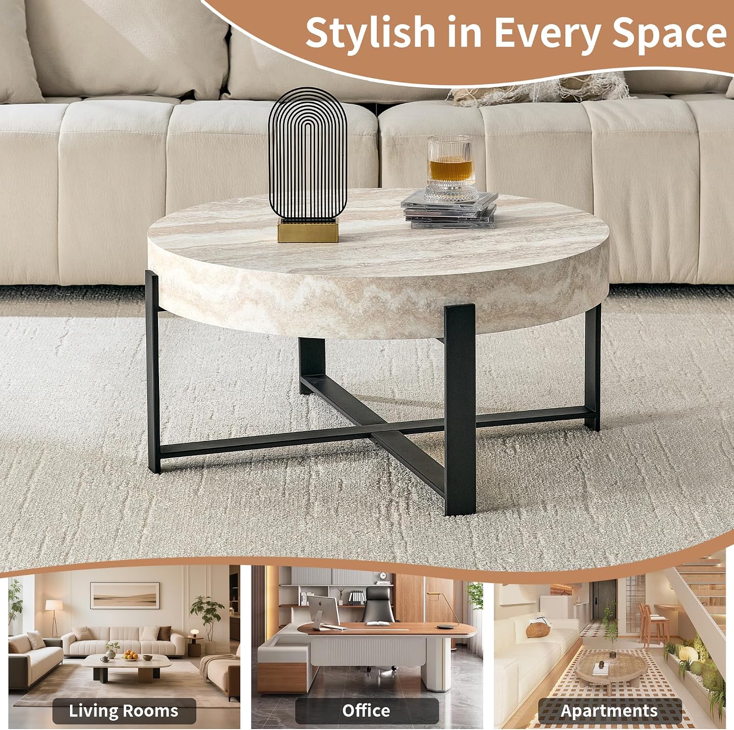 Modern Round Coffee Table Marble Coffee Table with Storage Travertine Stone Coffee Tables for Living Room Small Space Apartment
