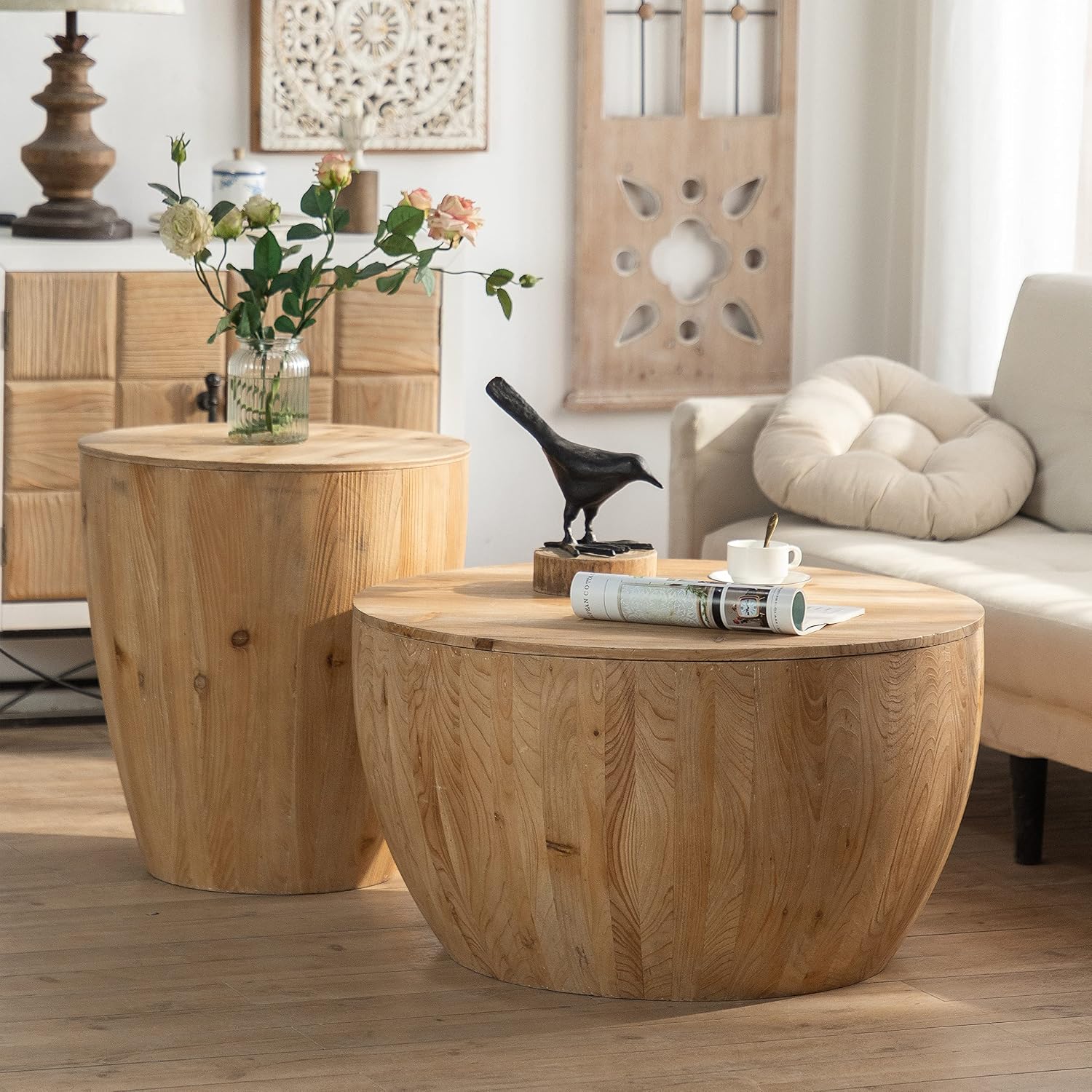 Wood Coffee Table End Table Side Table with Storage for Living Room, Modern Retro Farmhouse Round Bucket Drum Shaped Coffee Table for Apartment Office (ø21'' x 23.4'')