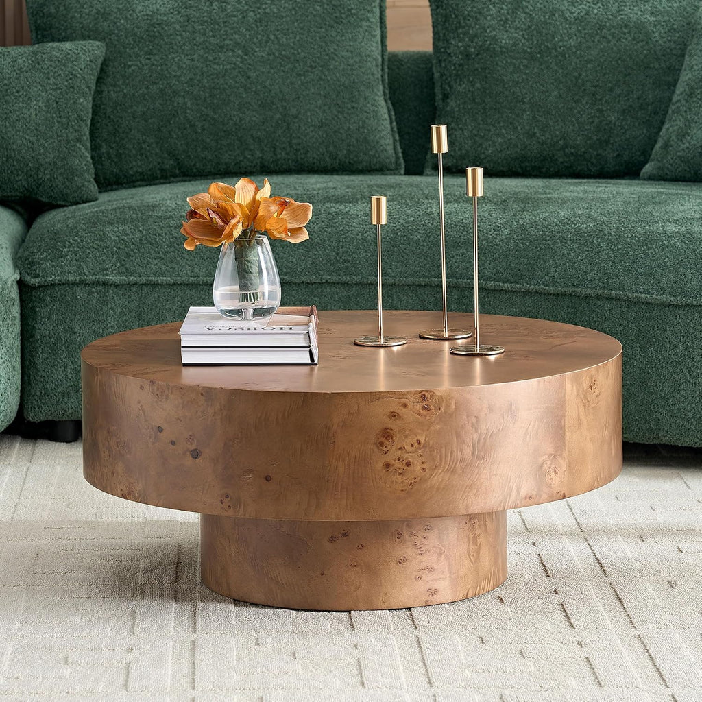 31.49'' Round Coffee Table Modern Wood Coffee Table for Living Room, Contemporary Circle Drum Pedestal Style, Burl Wood Veneer, Easy Assembly, Walnut
