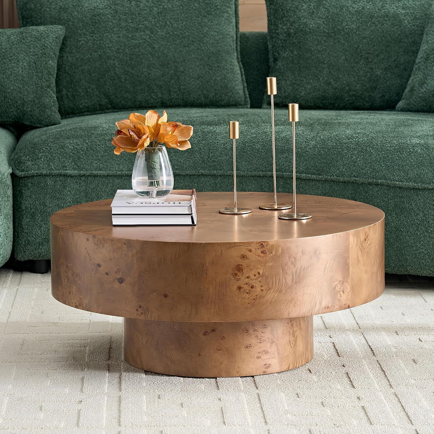 31.49'' Round Coffee Table Modern Wood Coffee Table for Living Room, Contemporary Circle Drum Pedestal Style, Burl Wood Veneer, Easy Assembly, Walnut