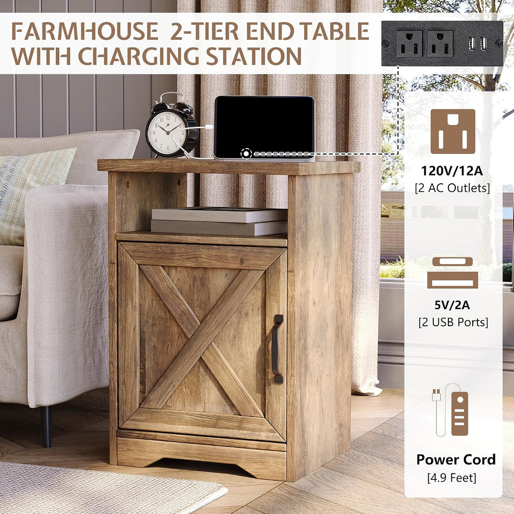 LUXOAK 3-Piece Farmhouse Living Room Table Sets, Includes 1 x Coffee Table, 2 x End Tables with Charging Station & USB Ports, Rustic Coffee Table Set of 3, Barnwood