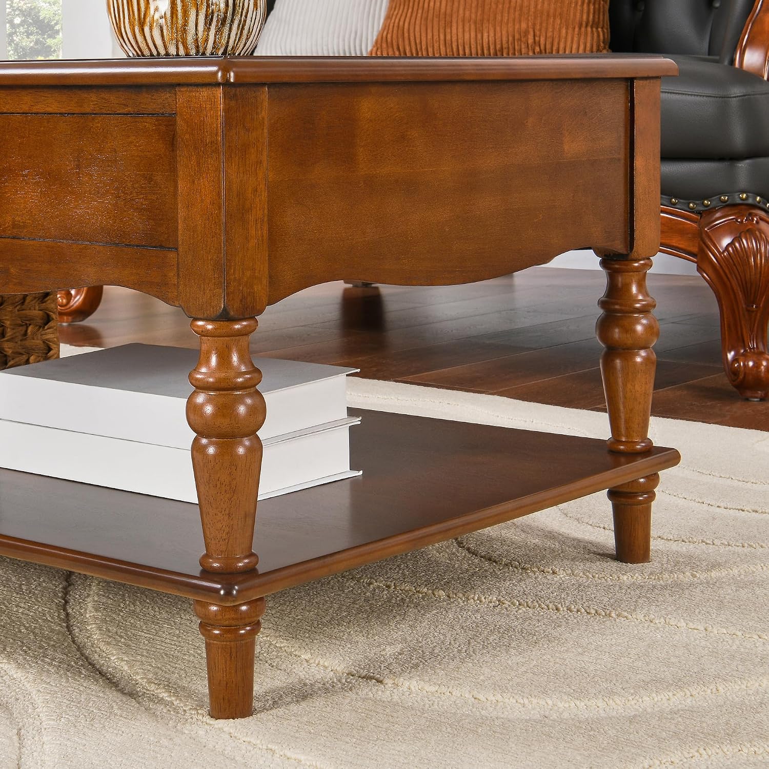 Living Room Table Set-One Rectangular Coffee Table and Two Square End Tables with Storage Drawer, Elegant Vintage Sofa Center Table with Wood Carved legs, No-Tools Assembly, Caramel Brown KFZ-CJZ-C008
