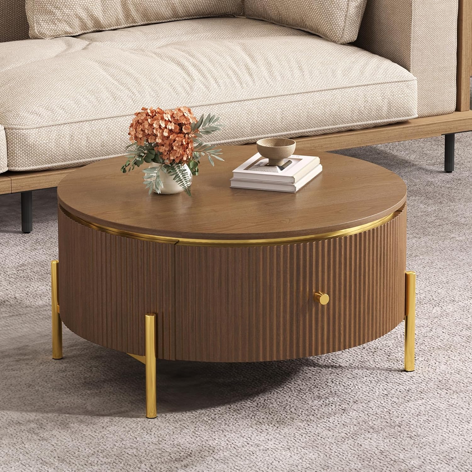Modern Round Coffee Table with 2 Large Drawers Storage Accent Table, Brown, 31.5'