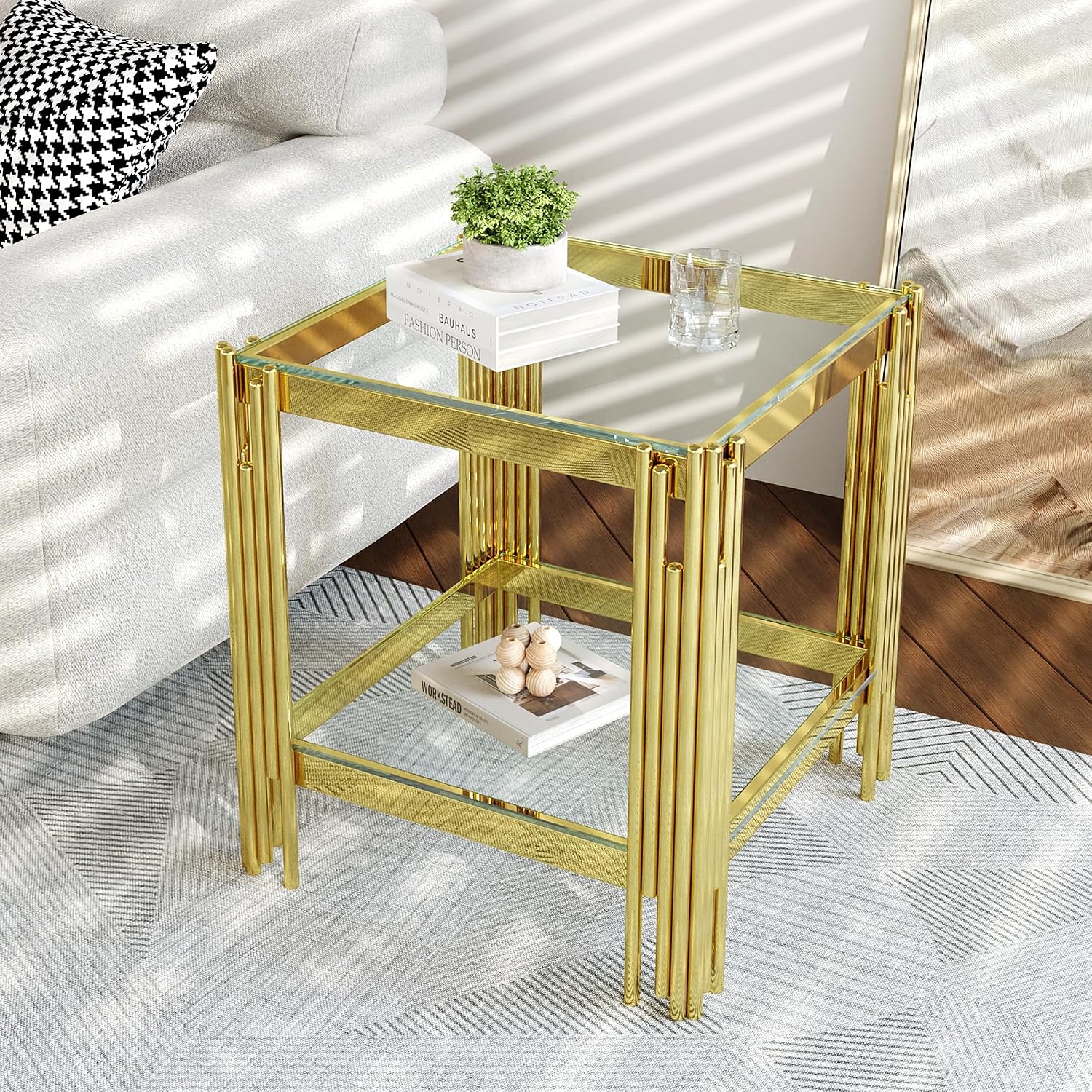 AF ARTISAN FURNITURE 2-Tier Glass End Table Modern Square Living Room Table Sofa Side Table, Stainless Steel Metal Leg Tempered Glass Small Corner Table, Clear&Gold