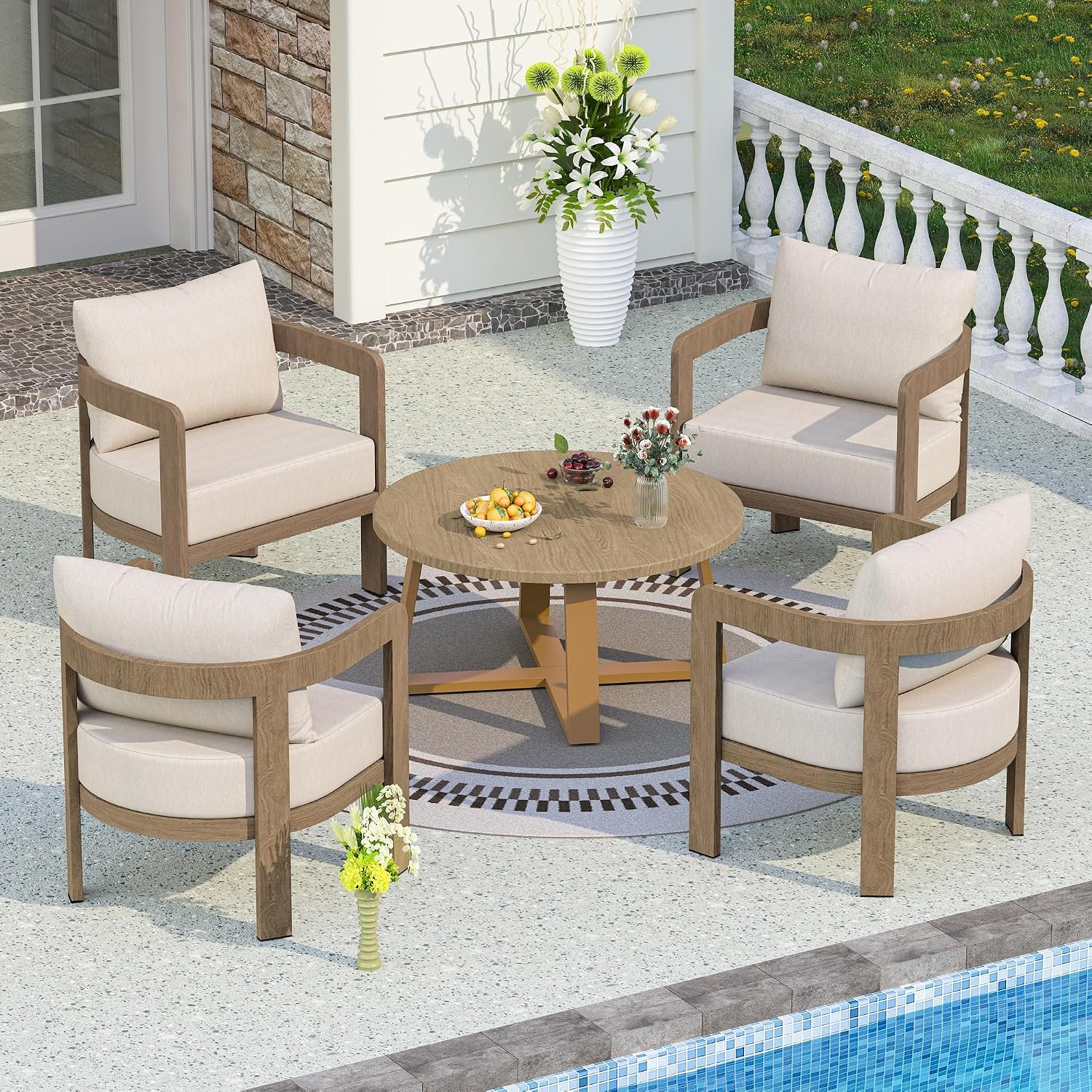 Outdoor Patio Furniture Set, 5 Pieces Modern Metal Patio Conversation Set with 6' Thick Cushions, Outdoor Lounge Sofa 350lbs for Backyard Porch Balcony, Beige