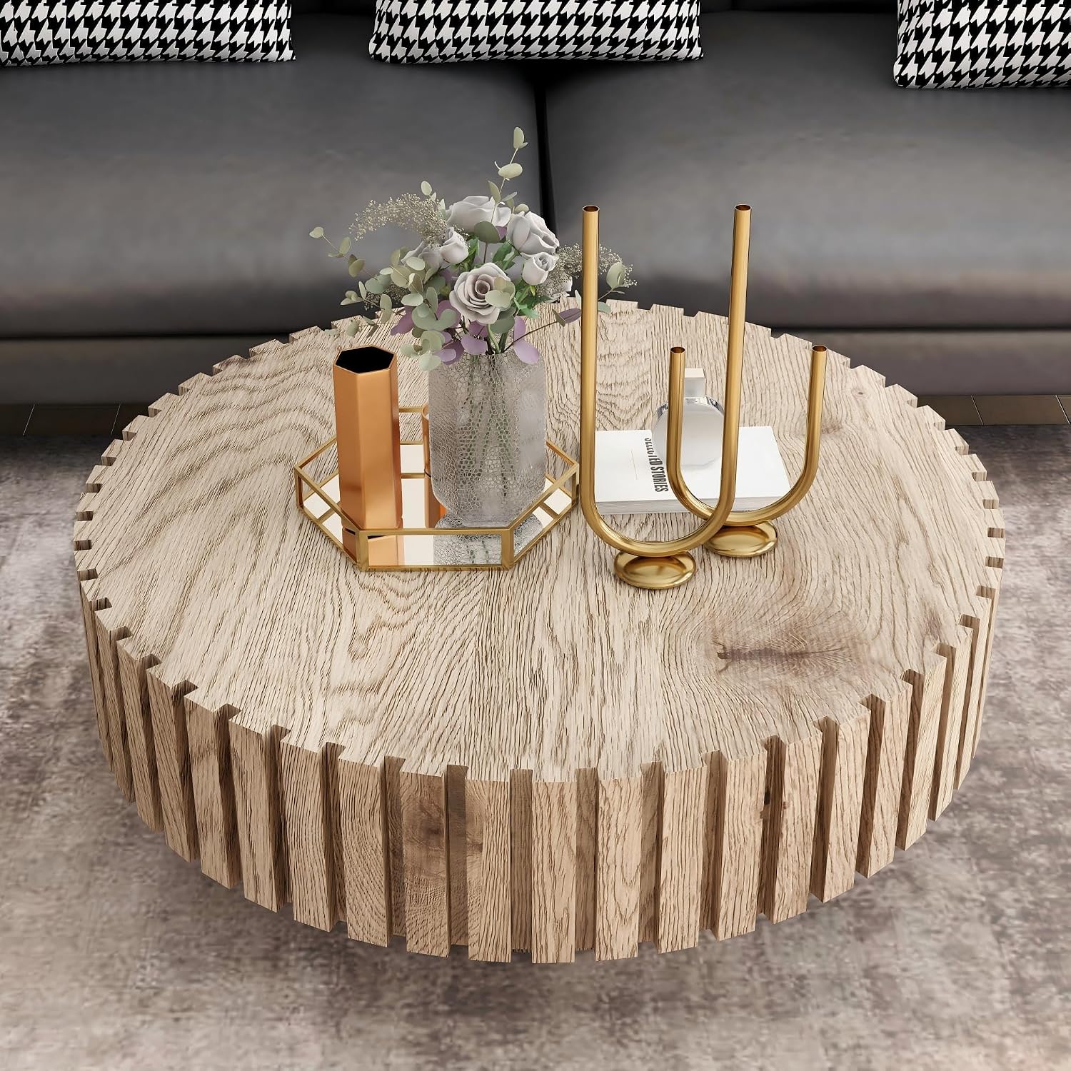 31.4'' Round Circle Coffee Table Modern Wood Coffee Table for Living Room, Contemporary Minimalist Fluted Drum Pedestal Style, Easy Assembly, Wood