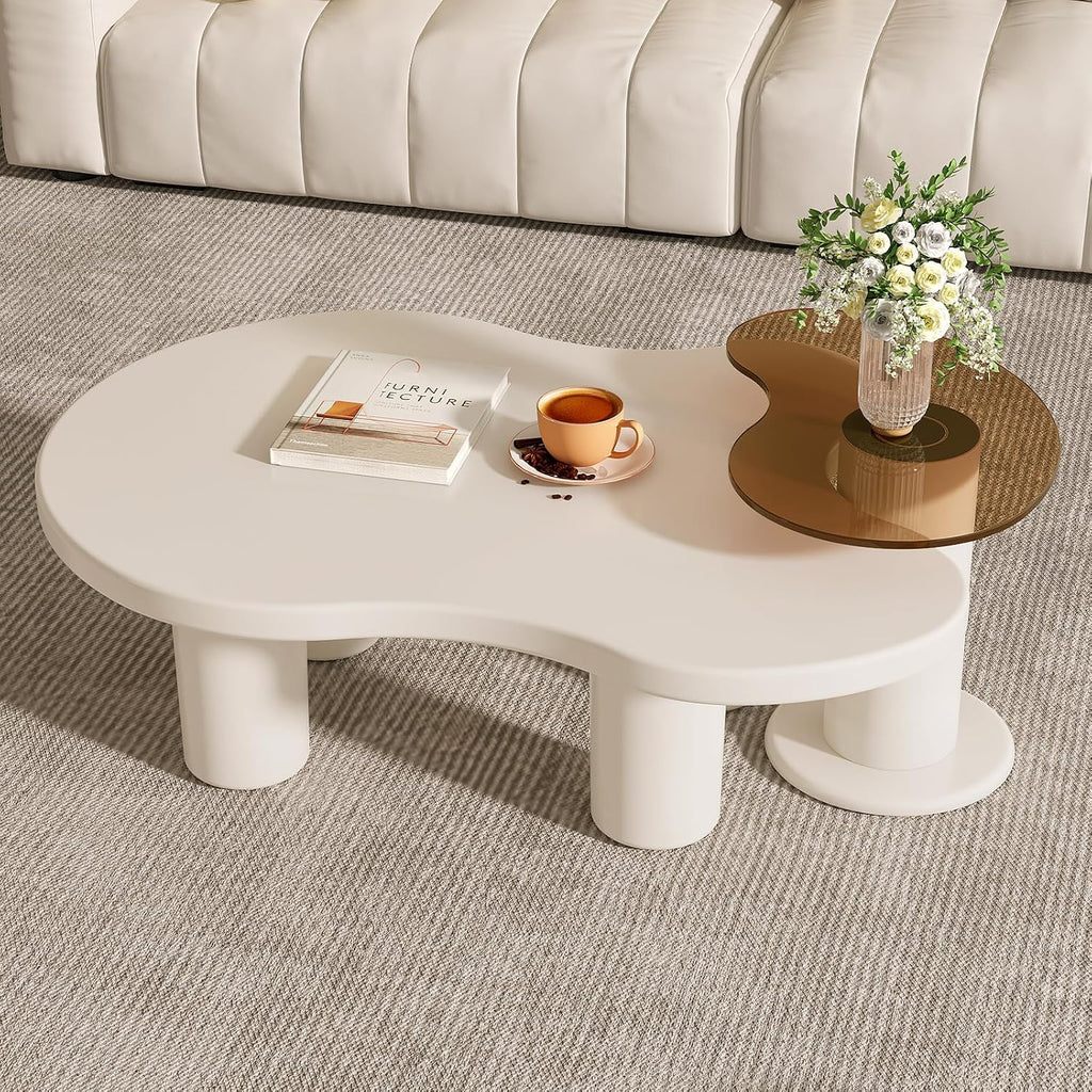 Nesting Coffee Table Set of 2, Modern Irregular Coffee Table & Tempered Glass End Table for Living Room, Unique Funky Center Table Set for Small Spaces, Easy Assembly, White