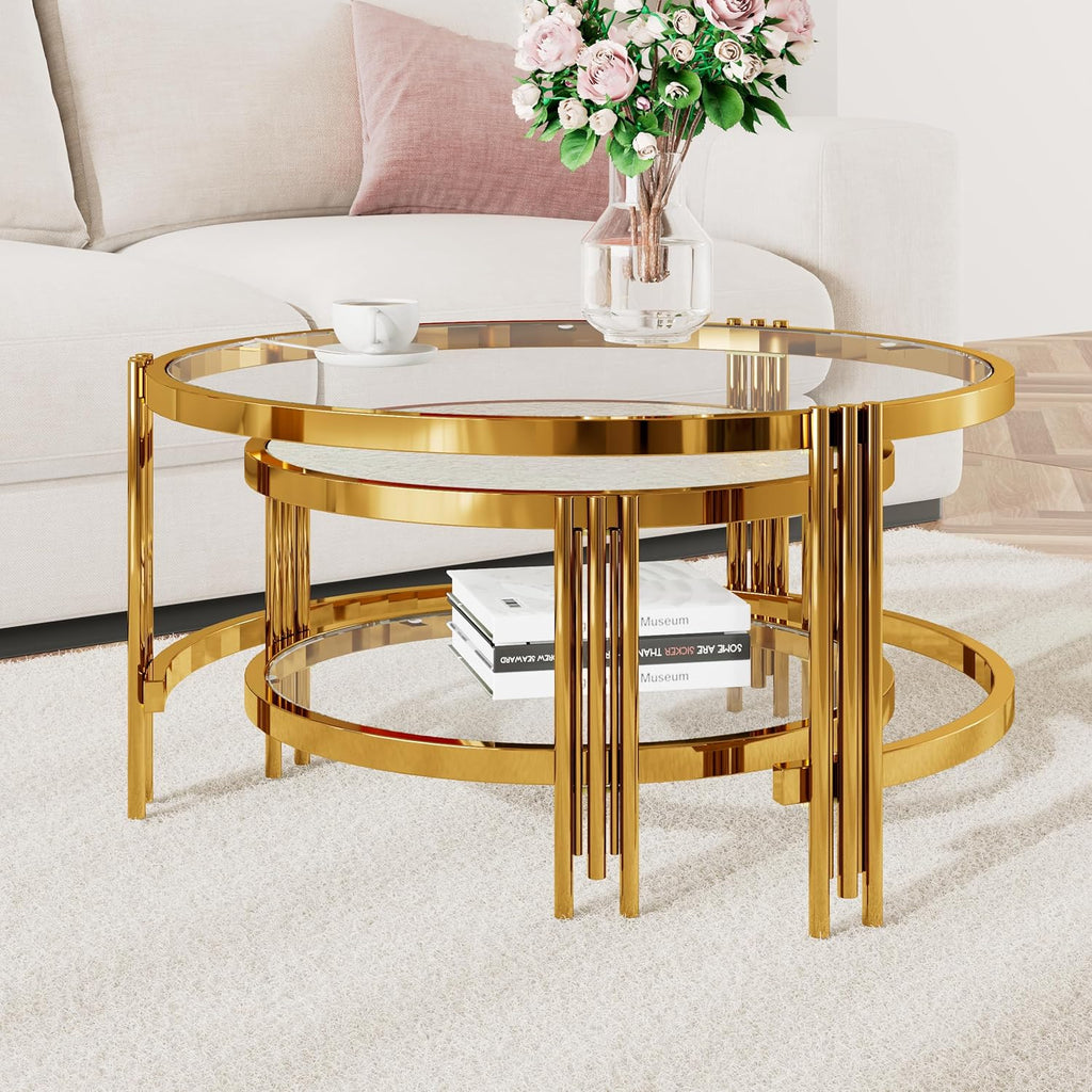 Merax 2-Piece Nesting Round Coffee Table Set, Gold Finish Metal Frame with Textured Tempered Glass Tops, Modern Stylish Accent & Side Table for Living Room, Bedroom, Apartment, Office, Transparent
