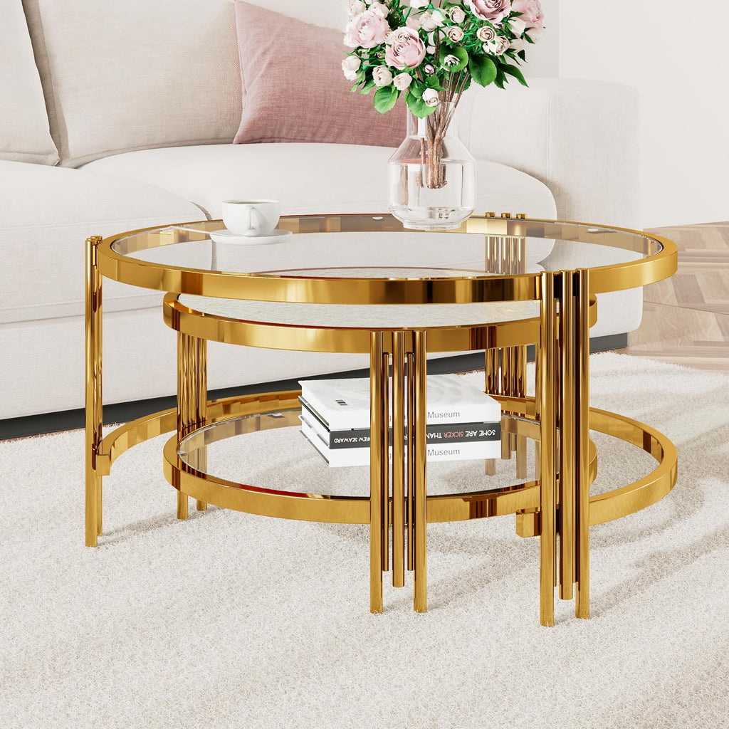 Coffee Table Set of 2 Nesting Round Glass Living Room Table Set Φ 32.75 Modern Simple 2 Tier Middle Center Metal Frame for Small Space Living Room Bedroom Office Meeting Room Gold