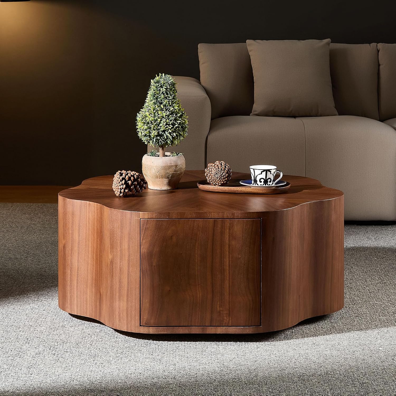 35.43'' Round Coffee Table with Drawer Storage Space for Living Room, Modern Drum Handcraft Wood Petal-Shaped Coffee Table, No Assembly, Walnut