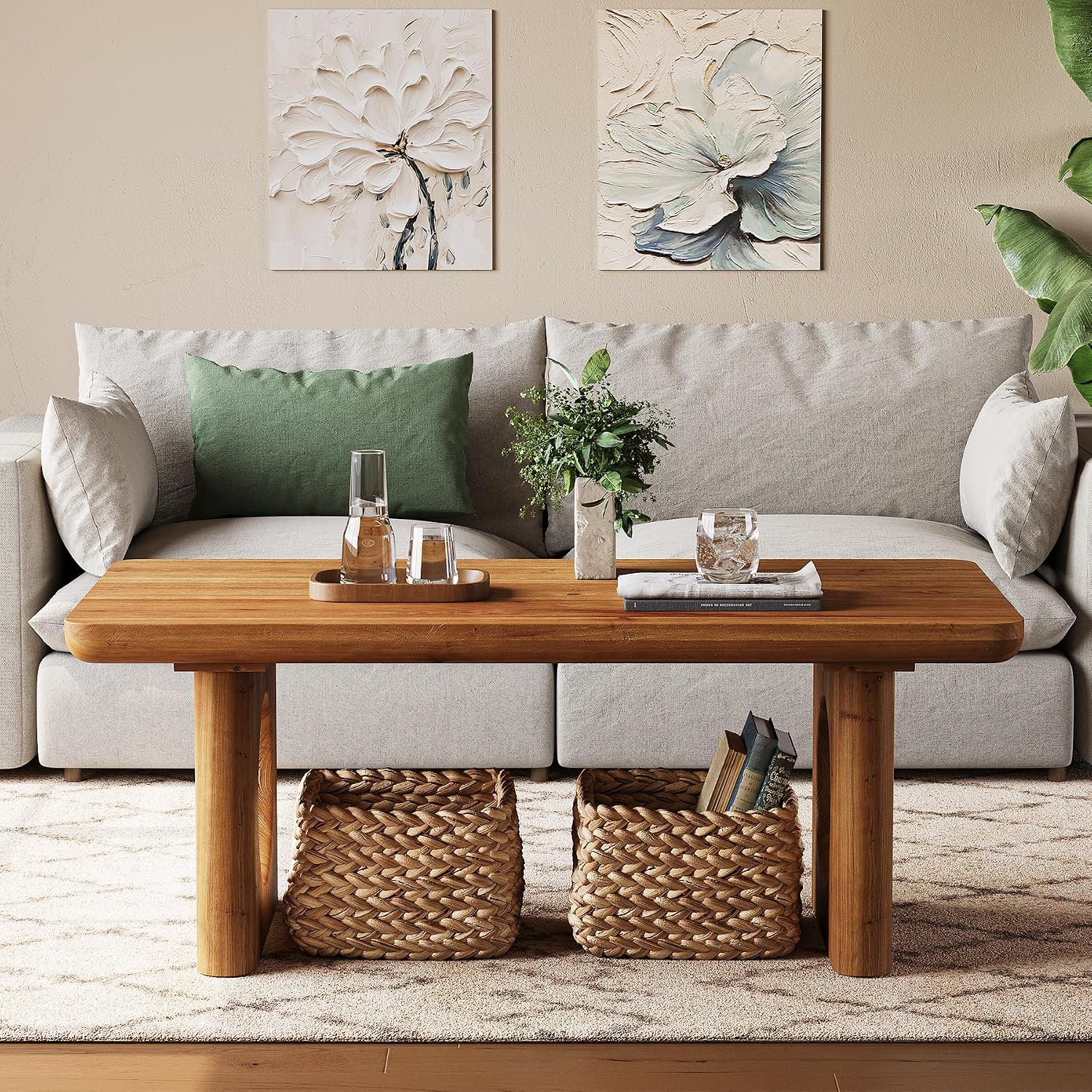 LITTLE TREE Solid Wood Coffee Table, Modern Farmhouse Coffee Table with Thick Tabletop, Rectangle Center Table for Living Room, Home Office, Bedroom, Brown