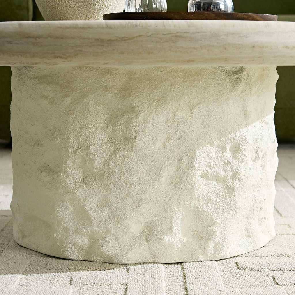 Round Coffee Table for Living Room Modern Faux Marble Center Circle Side Drum Accent Farmhouse Coffee Tables Mid Century for Apartment Bedroom Office Balcony (35.04' x 14.96') Beige