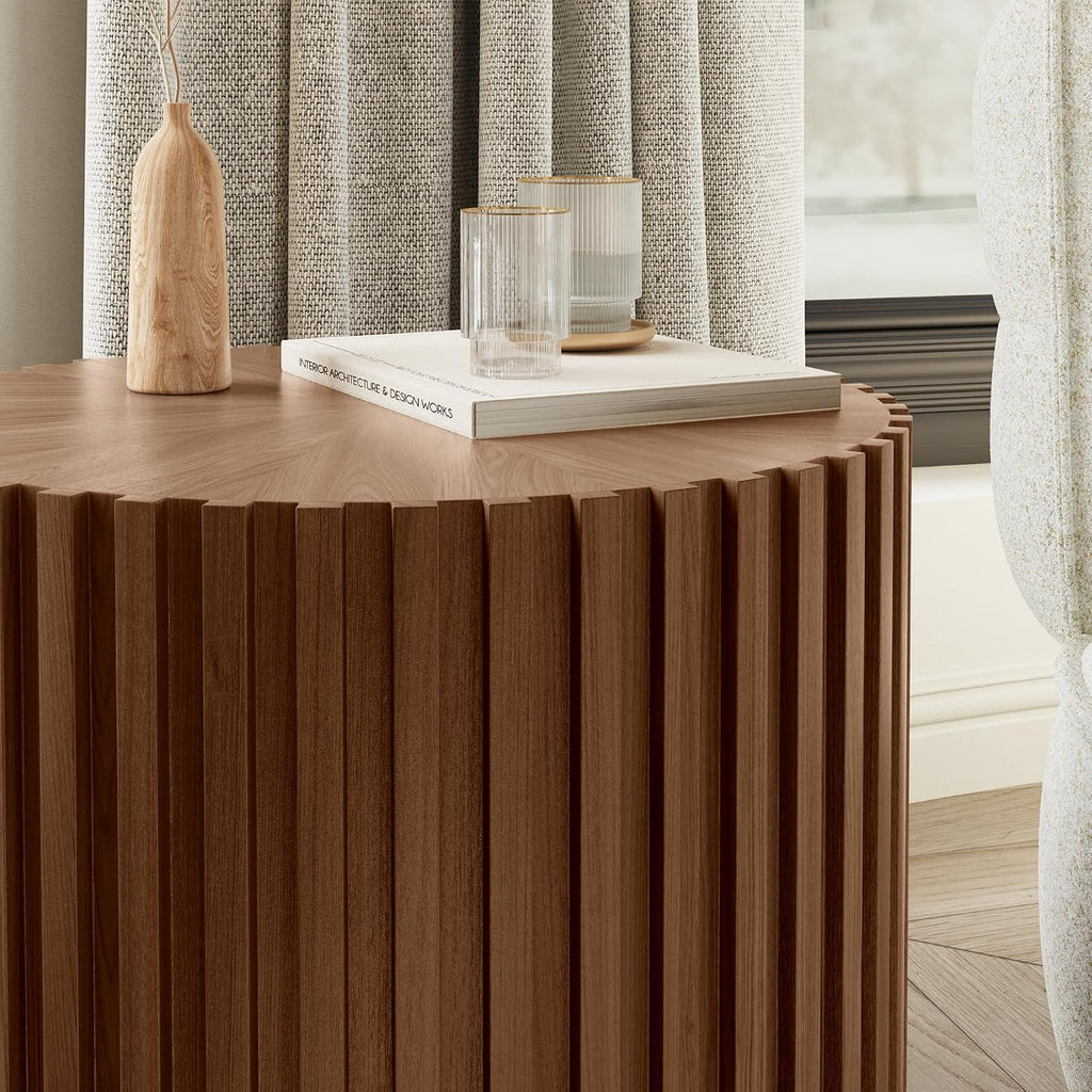 POVISON Round Coffee Side Table, Mid Century Wood End Table, Fluted Side Table for Living Room Bedroom Office, 20.08', Light Walnut