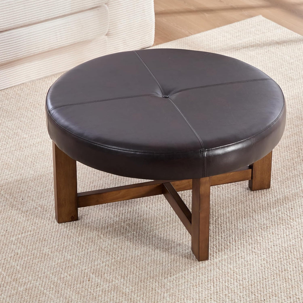 Christopher Knight Home Ladin Modern Round Ottoman Coffee Table, Faux Leather Cocktail Ottoman for Living Room Sofa, Entryway Comfortable Footstool, Wooden Ottoman Foot Rest, Dark Brown+Walnut