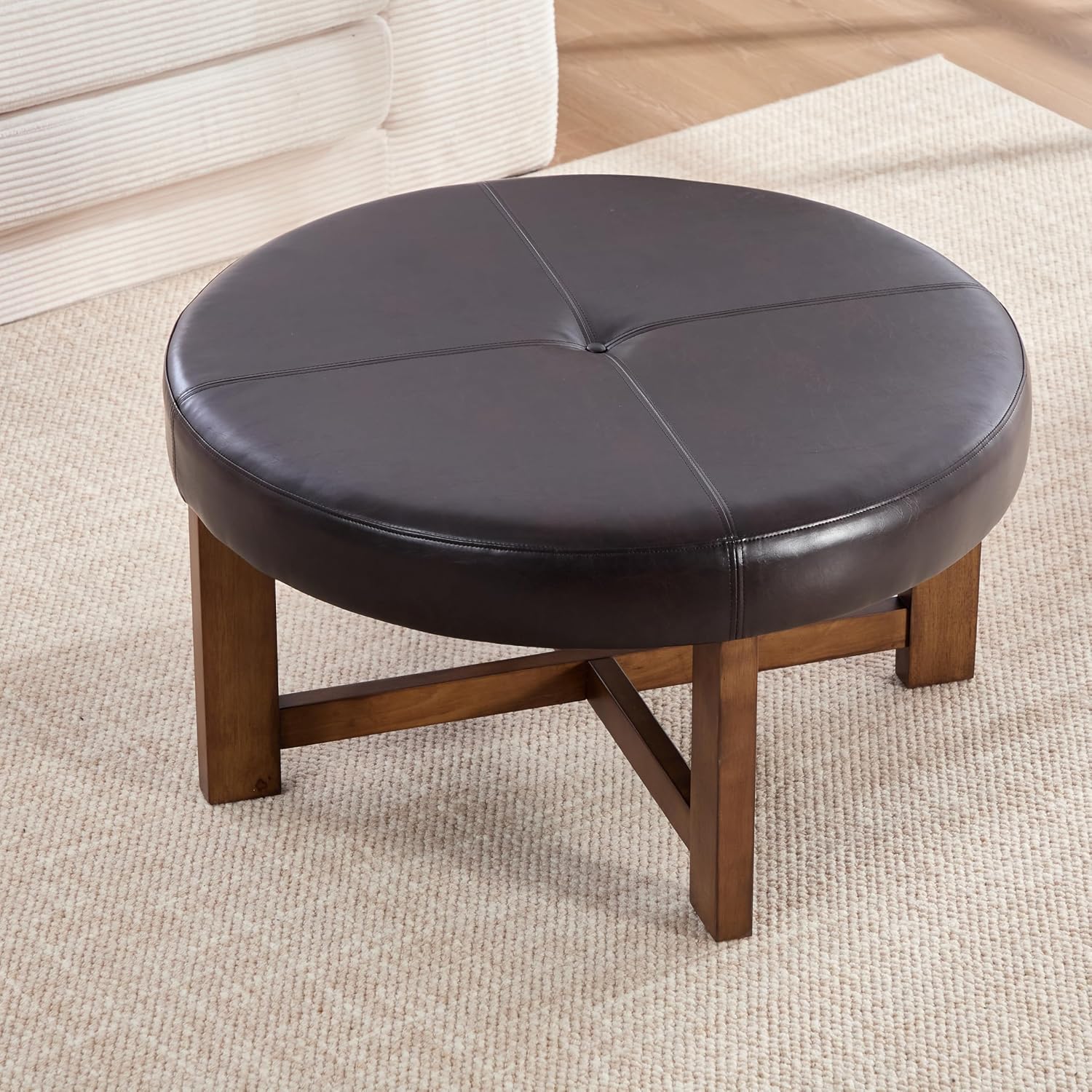 Christopher Knight Home Ladin Modern Round Ottoman Coffee Table, Faux Leather Cocktail Ottoman for Living Room Sofa, Entryway Comfortable Footstool, Wooden Ottoman Foot Rest, Dark Brown+Walnut