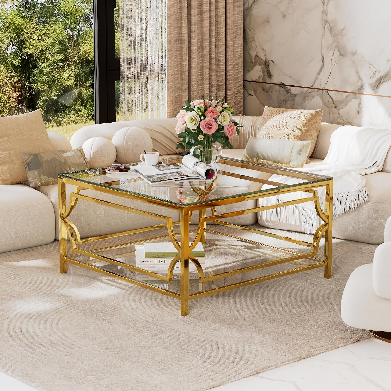 Square Glass Coffee Tables for Living Room, 2-Tier Coffee Table with Metal Base, 33.5' Modern Center Accent Table for Small Space, Bedroom