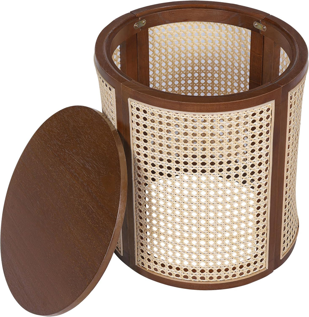Christopher Knight Home Aurl Lift Top Round End Table with Storage, Modern Side Table with Woven Rattan Details, Wooden Small Coffee Table for Living Room, Round Storage Ottoman, Dark Brown