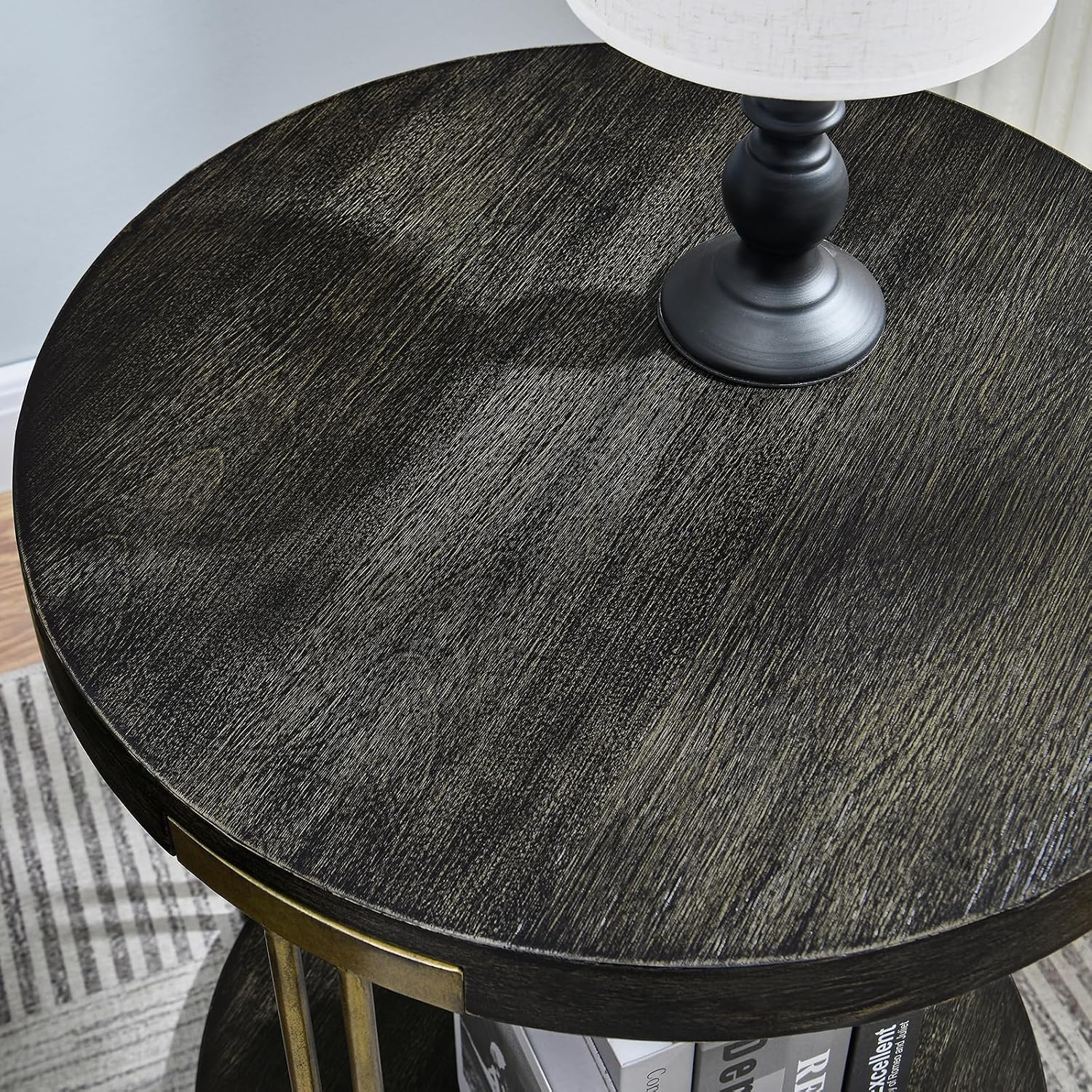 Biaco Modern Industial Round Side Table, Circle Coffee End Table Bedside Nightstand for Living Room & Small Space Decor, Birch Veneer Textured & Gold Metal Legs, Black Gold