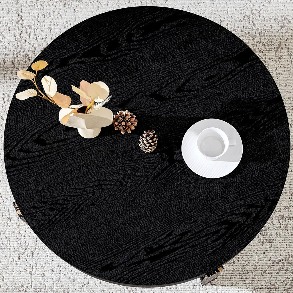 Round Coffee Table, Small Wood Coffee Table with Storage, Modern Mid Century Metal Circle Tables Accent Center Tables for Living Room Apartment Small Space (31.5''D-Black)