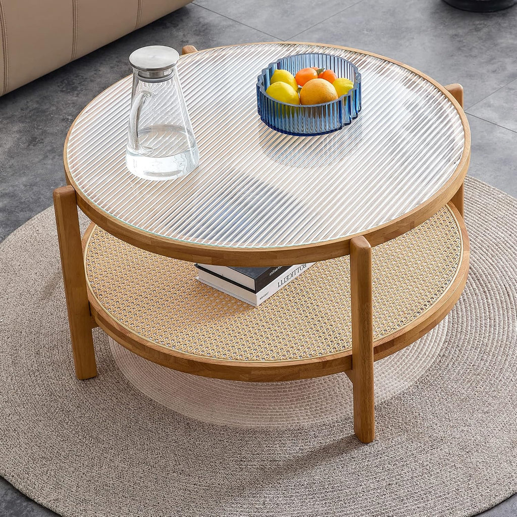 Round Wood Coffee Table with Tempered Glass Top & Rattan Layer, 2-Tier Modern Farmhouse Circle Coffee Table Side Table End Table for Living Room, Easy Assembly (34.6''*17.7'', Wood Color)