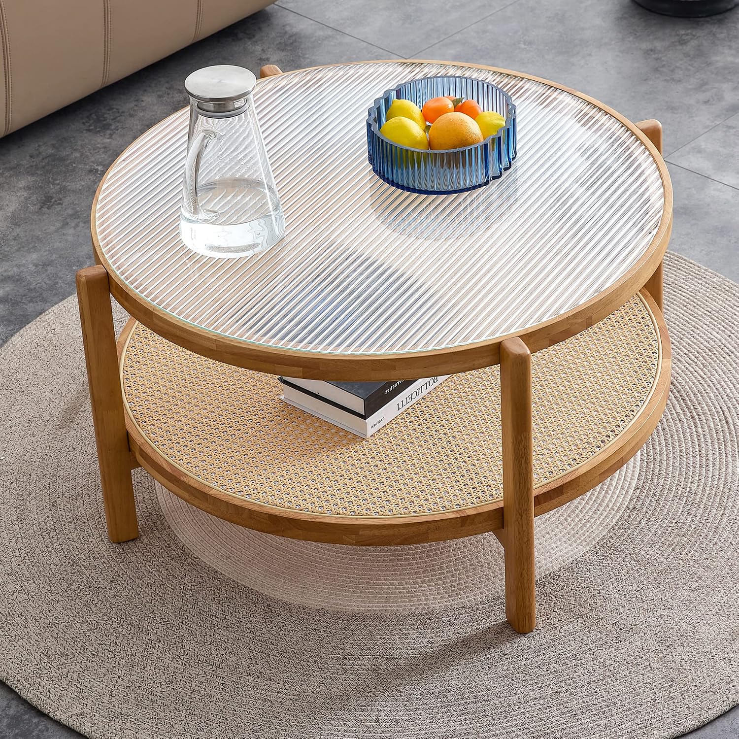 Round Wood Coffee Table with Tempered Glass Top & Rattan Layer, 2-Tier Modern Farmhouse Circle Coffee Table Side Table End Table for Living Room, Easy Assembly (34.6''*17.7'', Wood Color)