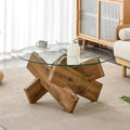 33.4'' Tempered Glass Round Coffee Table for Living Room, Modern Circle Coffee Table, Glass Tabletop & Wood Base, Easy Assembly, Natural