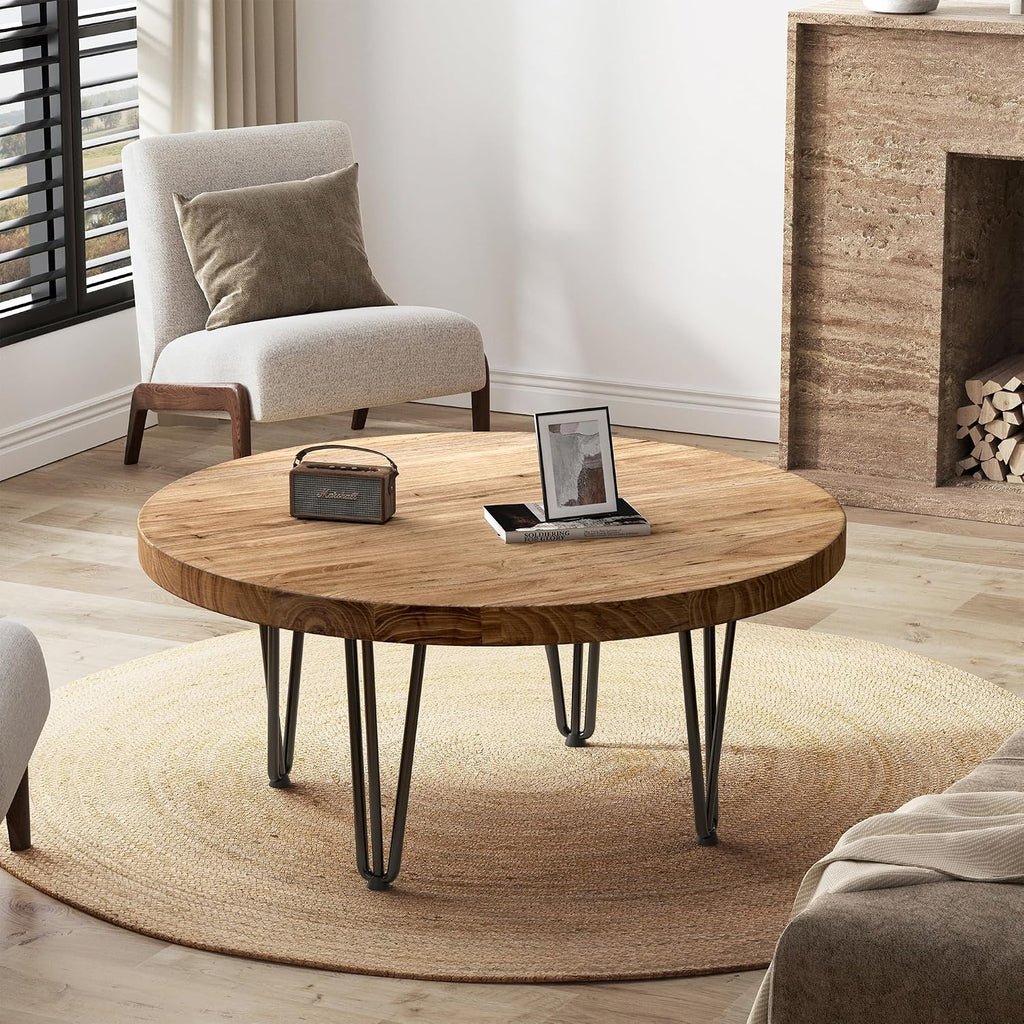 FLYJOE Rustic Wood Round Coffee Table with Metal Legs, Solid Elm Wood Top and Non-Slip Feet Pads - Farmhouse Style for Living Room, Natural