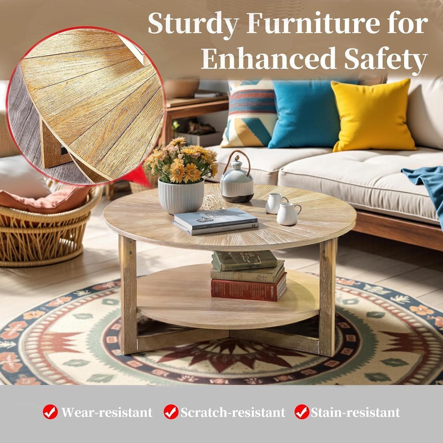 Round Coffee Table, 35' Circle Wood Coffee Table with Storage Shelf, 2 Tier Center Table for Living Room Apartment Home Furniture, Easy Assembly (Light Brown,35' Dx35 Wx18 H)
