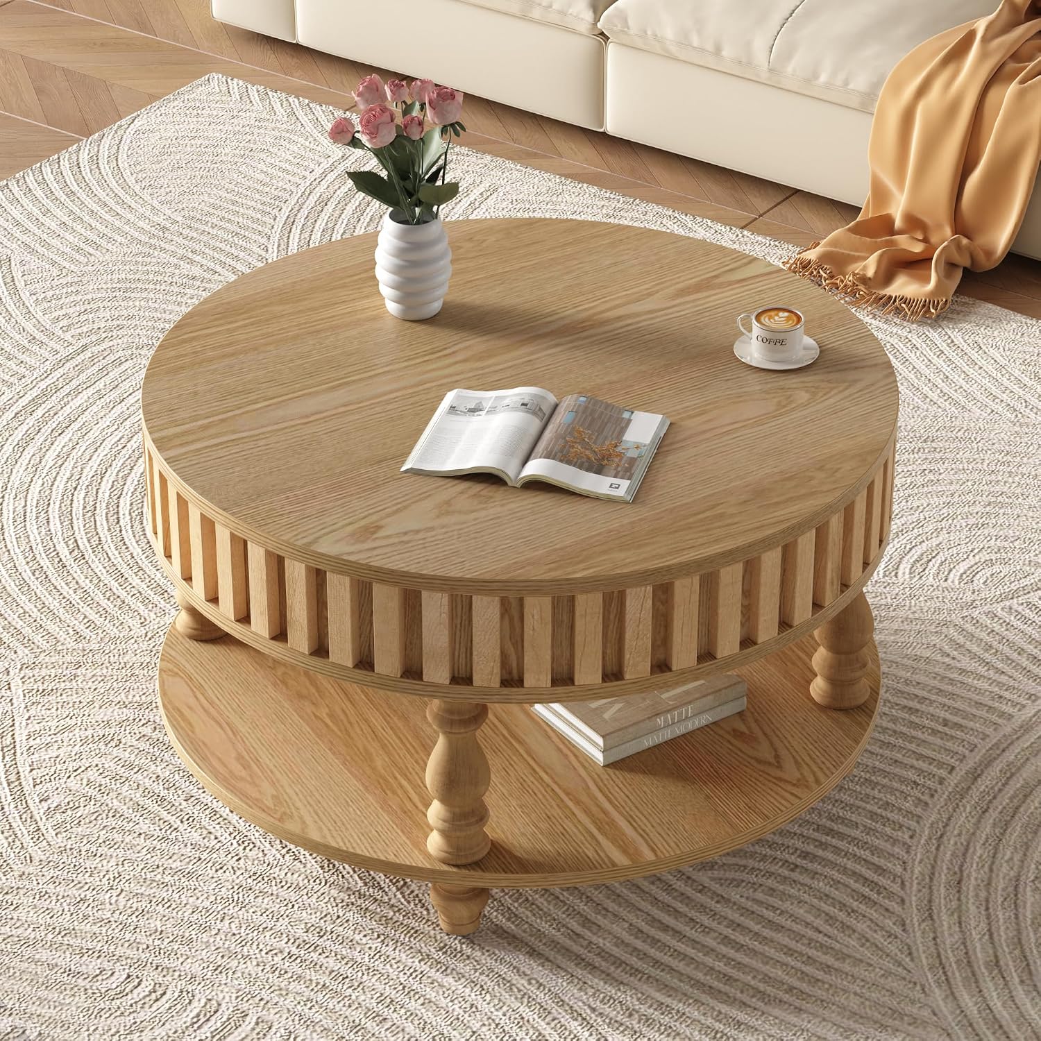 31.49'' Round Coffee Table with Storage Space, 2-Tier Modern Rustic Wood Circle Fluted Coffee Table for Living Room, Moveable Table Top & Easy Assembly, Natural