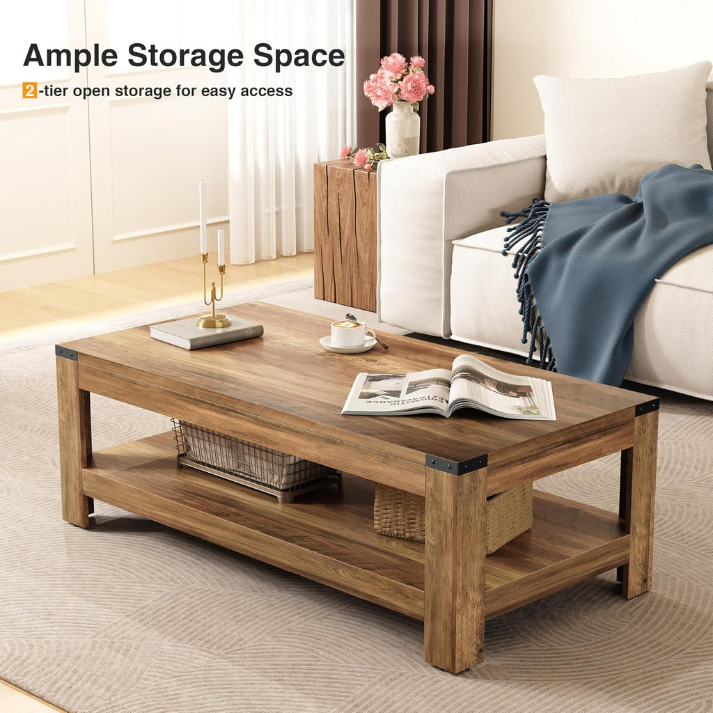 Farmhouse Coffee Table, 47.2' Modern Rustic Wooden Center Table with Storage, Rectangle Living Room Tables, 2-Tier Industrial Cocktail Tea Table for Living Room
