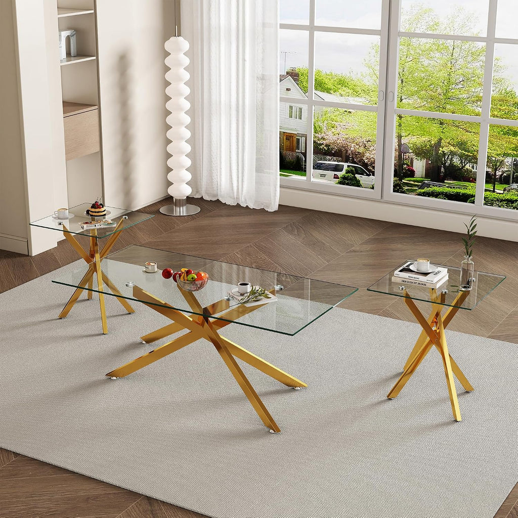 IANIYA Living Room Set - Glass Coffee Table and 2 End Tables with Modern Design Set of 3 (Large Coffee Table + End Table x2, Gold)